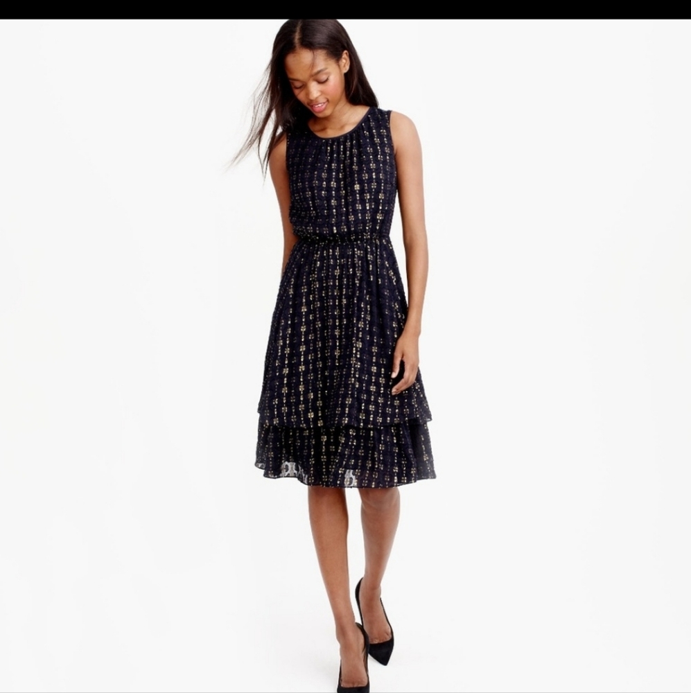 J.CREW GOLD METALLIC TEXTURED-DOT NAVY FLIRT DRESS